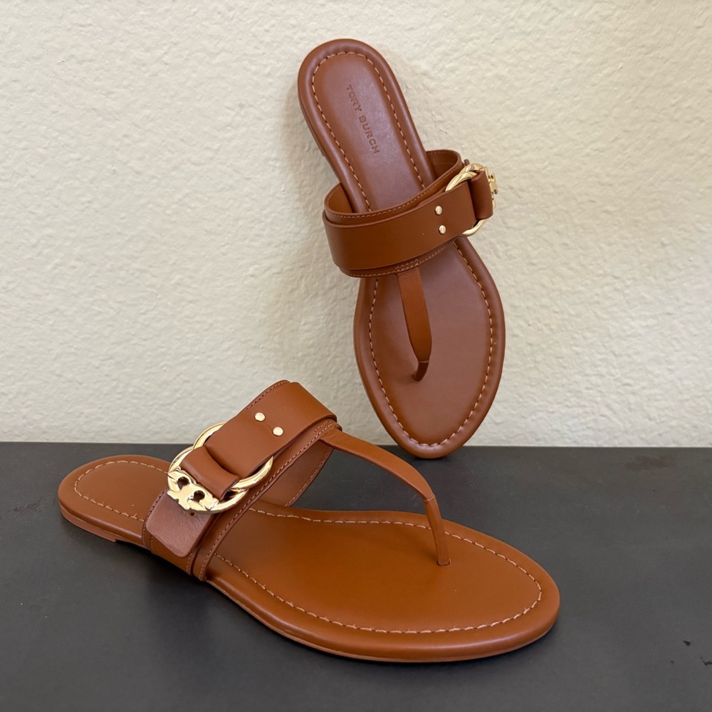 Tory Burch Marsden Flat Thong Sandal Caramel Brown Leather Gold Hardware Size 7